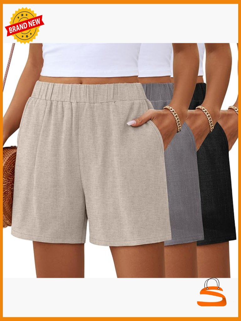 3-Pack Linen High Waist Wide Leg Shorts With Pockets